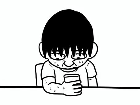 休憩中にスマホを見て、冷や汗をかく人 人物,男性,スマホ,モノクロ,トレーダー,大学生,椅子,机,ショック,冷や汗のイラスト素材