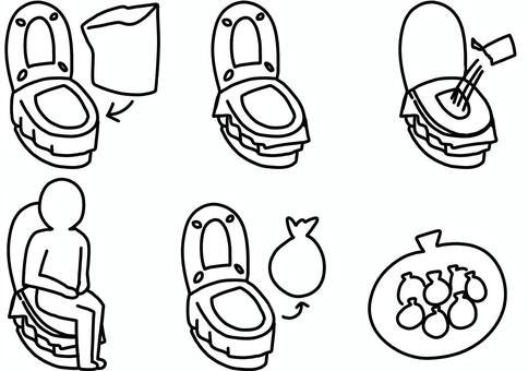 災害時トイレ使用法　線画 災害時,緊急時,簡易,トイレ,使用方法,手順,袋,凝固剤,線画のイラスト素材