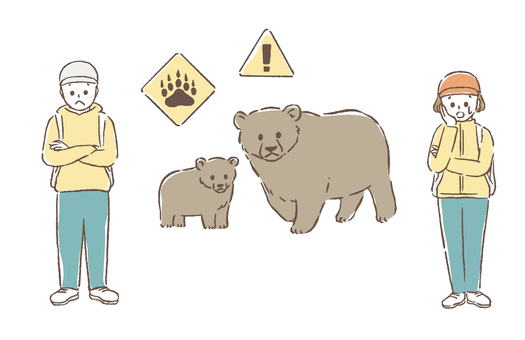 クマに注意 熊,遭遇,子熊,対策,線画,手書き,人物,会う,山,人のイラスト素材