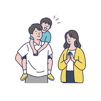 子供をおんぶする家族のイラスト素材02 家族,父親,母親,子ども,男の子,おんぶ,親子,仲良し,笑顔,幸せのイラスト素材