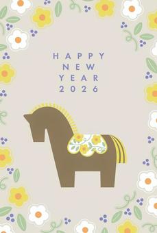 北欧風お花と馬のモダンな年賀状（黄）