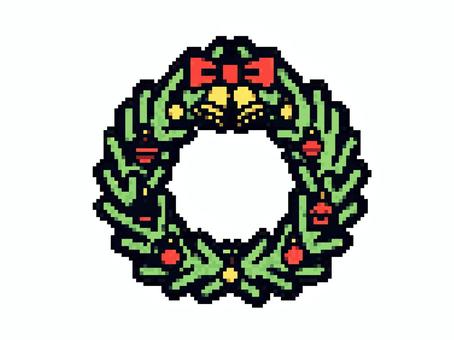 ドット絵クリスマスリース ドット絵,ピクセルアート,ドット,レトロ,クリスマス,クリスマスリース,飾り,ベル,リボンのイラスト素材