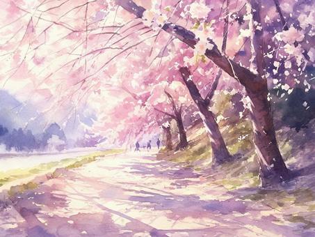 A watercolor-style illustration of a row of beautifully blooming cherry trees., JPG A watercolor-style illustration of a row of beautifully blooming cherry trees., cherry blossoms, wood, pink, JPG