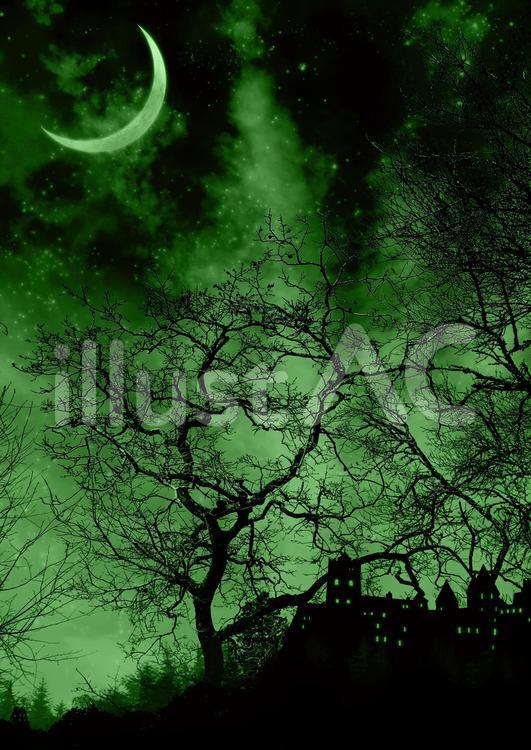 夜の森の中のお城と月緑 城,木,月のイラスト素材