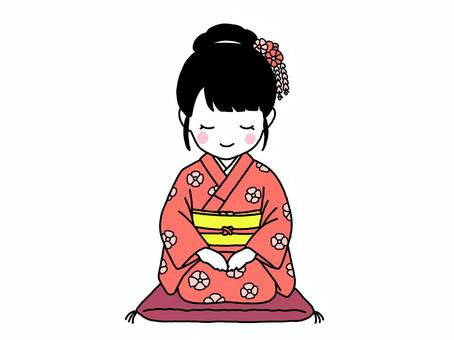 着物姿で新年の挨拶をする女性 女性,着物,梅,お辞儀,挨拶,正月,新春,年賀状,正座,人物のイラスト素材