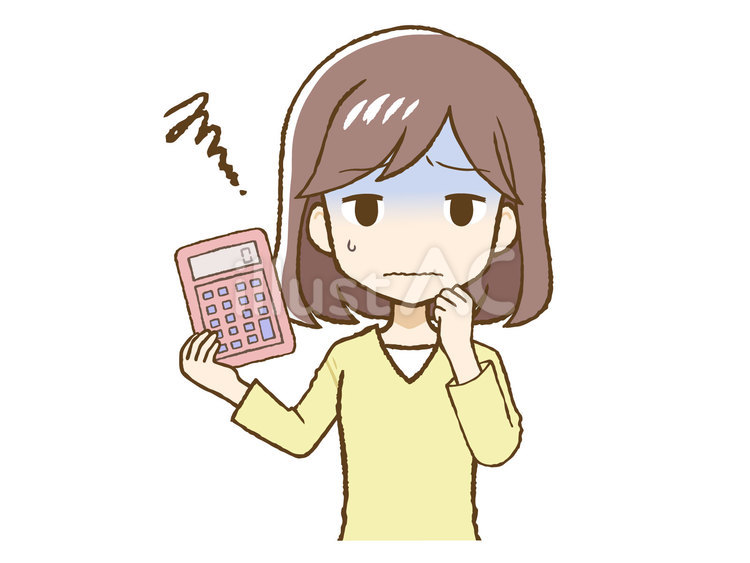 計算機を持ち青ざめる黄色い服の女（上半身 電卓,計算機,女のイラスト素材