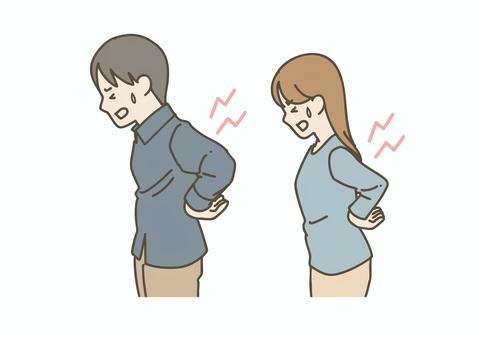 背中の痛みに悩む男女 男性,女性,痛み,背中,腰痛,筋肉痛,肩こり,疲労,体調不良,医療のイラスト素材