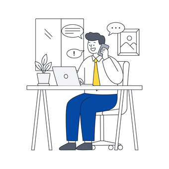 電話対応をするビジネスマンのイラスト 人物,ビジネス,男性,電話,スマホ,パソコン,デスク,仕事,会話,応対のイラスト素材