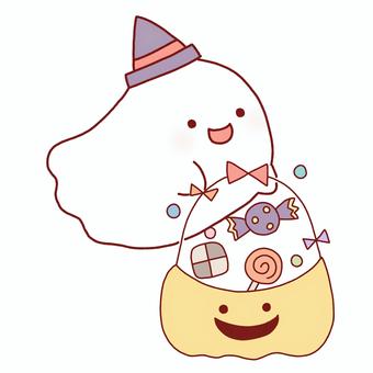 ハロウィンお菓子を運ぶおばけ ハロウィン,おばけ,お菓子,キャンディ,秋,線画,可愛い,ゆるい,手描き,デコレーションのイラスト素材