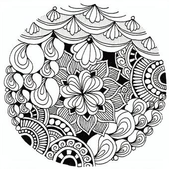 和柄・円㉓ ゼンタングル,モノクロ,アート,抽象,イラスト,ペン画,塗り絵,花,和風,洋風のイラスト素材
