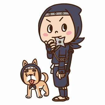 忍者と忍犬 忍者,忍犬,しのび,人物,男,犬,手裏剣,刀,手描きのイラスト素材