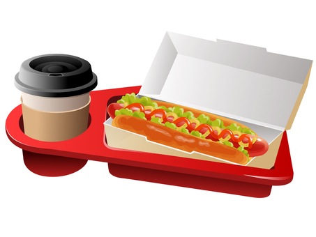 映画館のホットドッグとホットドリンク ホットドッグ,ホットドリンク,映画館,トレイ,料理,食べ物,ウィンナー,ケチャップ,マスタード,ロールパンのイラスト素材