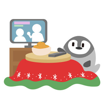 Illustration, charcoal brazier in a floor well, kotatsu, tv set, 