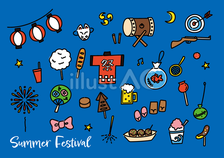 夏祭りの手描き風素材（ラインあり） 夏,夏祭り,手描きのイラスト素材