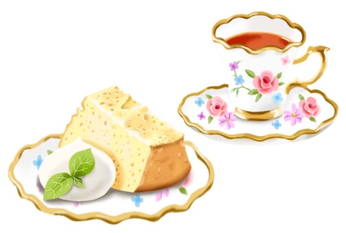 シフォンケーキとおしゃれなカップの紅茶 ケーキ,シフォン,生クリーム,紅茶,喫茶,カフェ,ふわふわ,おやつ,甘い,美味しいのイラスト素材