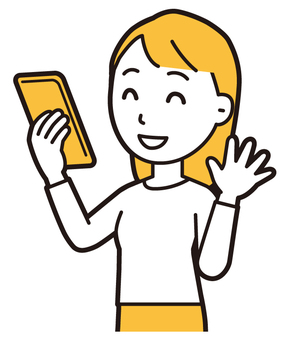スマホに向かって手を振っている若い女性 スマホ,女性,女の子,人,ロングヘア,若い,見る,操作,持つ,スマートフォンのイラスト素材