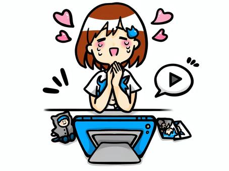 推しの動画コンテンツを見る女子 推し,推す,活動,ファン,オタク,尊い,好き,ラブ,愛しい,愛のイラスト素材