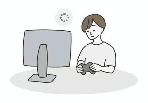 ゲームプレイ中に読み込みが遅くて困る男性 インターネット,読み込み,ローディング,読み込み中,回線速度,速度,処理速度,ゲーム,モニター,オンラインのイラスト素材