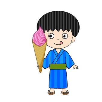苺アイスと男の子 男性,男の子,浴衣,夏,アイス,ソフトクリーム,ストロベリーのイラスト素材