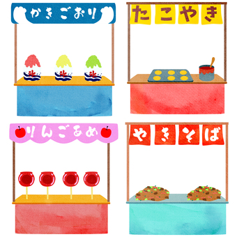 水彩画_屋台セット_01 手描き,水彩画,水彩,水彩風,水彩画風,祭り,夏祭り,あしらい,りんご飴,焼きそばのイラスト素材
