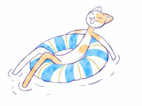 浮き輪猫 猫,可愛い,浮き輪,浮かぶ,くつろぐ,水彩風のイラスト素材