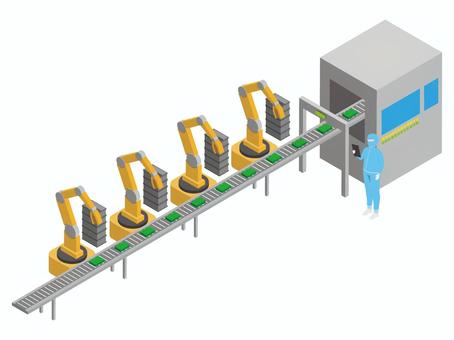 町工場シリーズ 我が社も機械化で人員削減 人物,全身,アイソメ,アイソメトリック,タブレット,ビジネスマン,サラリーマン,会社員,社会人,仕事のイラスト素材