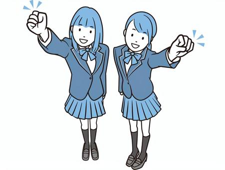 ガッツポーズのブレザー女子学生２人組 女子高生,ブレザー,制服,ガッツポーズ,学生,女子学生,高校生,笑顔,応援,元気のイラスト素材