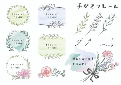 植物の手がきフレーム　色付き フレーム,手書き,見出し,あしらい,植物,花,装飾,線画,リース,花束のイラスト素材