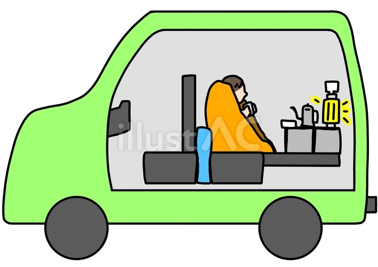 車内で暖かいものを飲んでくつろぐ　カラー 車中泊,車内,毛布のイラスト素材