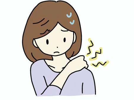 肩こりや肩の痛みに悩まされる人 女性,肩こり,痛み,肩,困り顔,汗,肩もみのイラスト素材