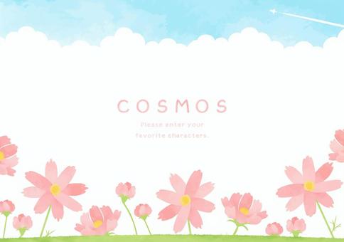 コスモスと青空の風景イラスト コスモス,植物,秋,花,背景,青空,かわいい,淡い,ピンク,ほのぼののイラスト素材