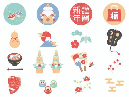 正月アイコンセット/パステルカラー 正月,アイコン,セット,富士山,鏡餅,福袋,松竹梅,お雑煮,だるま,カットのイラスト素材