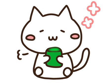 お茶を飲んでリラックスするかわいい白ねこ お茶,飲む,リラックス,ねこ,まったり,湯呑,飲み物,休憩,時間,ひと息のイラスト素材