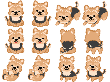 ハート鼻のヨークシャーテリア（セット）2 ヨークシャーテリア,犬,動物,ハート,鼻,おすわり,ふせ,立つ,ゴロン,寝転がるのイラスト素材