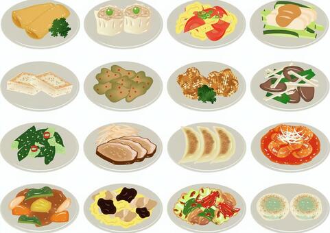 中華小皿セット 中華料理,町中華,小皿,春巻き,しゅうまい,炒め物,ぎょうざ,回鍋肉,海老チリ,ザーサイのイラスト素材