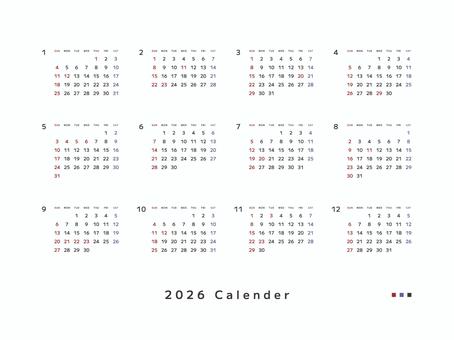 2026 カレンダー（文字は未OL） カレンダー,2026,暦,令和8年,1年,12ヶ月,年間,スケジュール,表,日曜始まりのイラスト素材