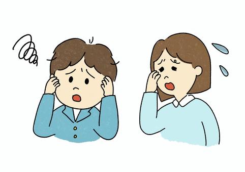 悩んでいる2人のイラスト 悩んでいる2人のイラスト 悩み,頭を抱える,落胆,つらい,男性,女性,上半身,線画,2人,人物のイラスト素材