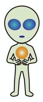 光の玉を持っている宇宙人01 宇宙人,エイリアン,グレイ,立っている,持つ,光,玉,ボール,抱える,シンプルのイラスト素材