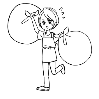 線画の慌ててゴミ捨てする女性 ゴミ捨て,断捨離,掃除,大掃除,年末,走る,必死,焦る,慌てる,線画のイラスト素材