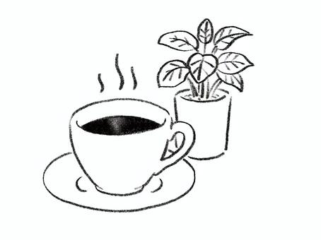 コーヒーカップと観葉植物 白黒手書線画 コーヒー,コーヒーカップ,カップ,植物,くつろぎ,癒し,リラックス,休憩,休息,カフェのイラスト素材