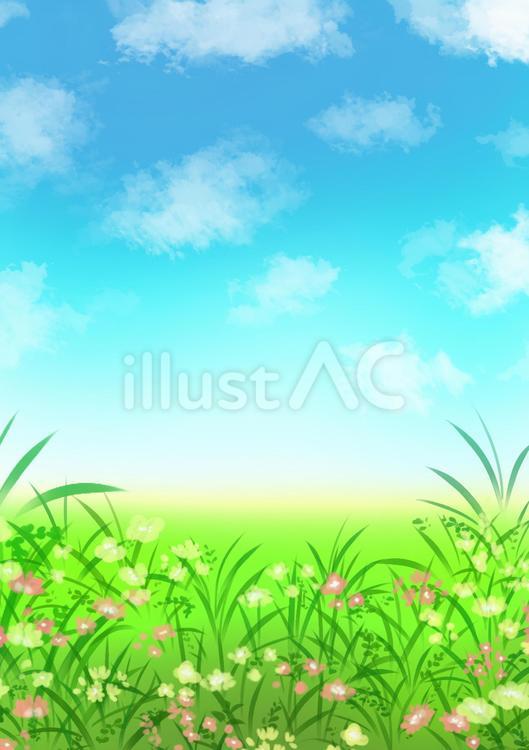 雲のある青空と花畑（背景） 雲,青,空のイラスト素材