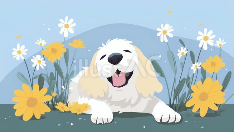 かわいい犬と花畑 犬,かわいい,動物のイラスト素材