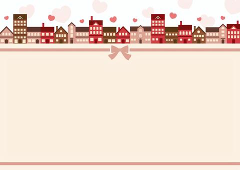 バレンタインの街並みとリボン バレンタイン,ハート,街並み,背景,フレーム,リボン,2月,冬,バレンタインデー,バレンタインカードのイラスト素材