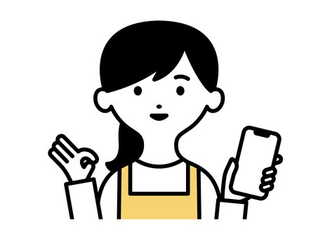 スマホを持ってOKをするエプロンの女性 女性,人,エプロン,ママ,スマホ,スマートフォン,ケータイ,電話,ok,ポーズのイラスト素材