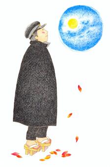 月を仰ぐ昔の高等学校生徒 学生,旧制高校,一高,書生,明治,大正,昭和,学帽,マント,下駄のイラスト素材