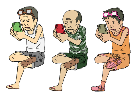 スマホガン見1 スマホガン見1 スマホ,男性,全身,手描き,シンプル,メガネ,老眼のイラスト素材