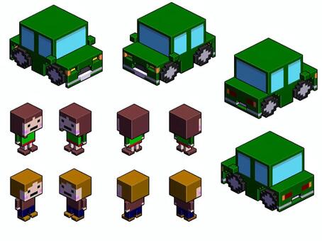 ボクセル×ドット　街シリーズ　人物と車 ドット絵,セット,クウォータービュー,人物,キャラクター,歩く動作,立ちポーズ,シルエット人物,職業キャラ,車のイラスト素材