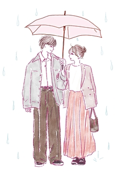 カップル カップル カップル,雨,傘,相合傘,女性,男性,恋人,夫婦,笑顔,見つめあうのイラスト素材