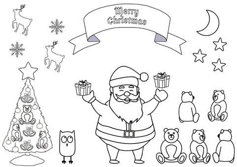 塗り絵・Christmas・クマ 塗り絵,ぬりえ,クリスマス,冬,メリークリスマス,飾り,インテリア,クリスマスツリー,プレゼント,サンタのイラスト素材