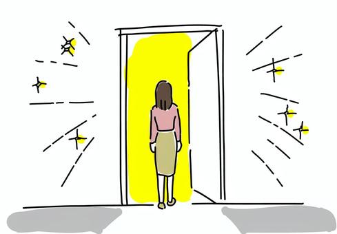 ドアの向こうの明るい世界へ踏み出す女性 女性,転職,退職,退職代行,ドア,離婚,キャリアアップ,希望,光,再出発のイラスト素材